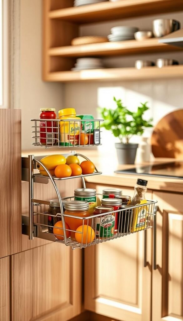A cozy kitchen scene featuring a Simple Houseware 2-Tier Sliding Cabinet Basket Drawer, elegantly displayed. The basket is filled with assorted colorful kitchen essentials like fruits, tin cans, and spices, showcasing organization. The foreground showcases the sliding mechanism in action, demonstrating ease of use. In the middle, the light wooden cabinetry complements the metallic finish of the basket, while a small potted plant adds a touch of greenery. The background displays soft focus kitchenware, enhancing the homely atmosphere. The scene is illuminated with warm, natural light coming through a nearby window, creating inviting shadows that add depth. Capture this image with a slightly elevated angle to highlight functionality. Aim for a Pinterest-style aesthetic, reflecting the brand "CozyTrendHub".