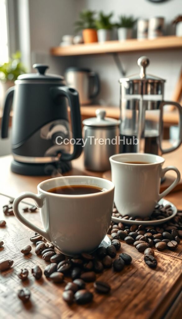 A cozy kitchen scene featuring a beautifully arranged coffee and tea setup. In the foreground, a steaming cup of freshly brewed coffee sits next to an elegant porcelain teacup filled with fragrant herbal tea. Both cups are placed on a rustic wooden table, surrounded by coffee beans and loose tea leaves. In the middle ground, visually appealing kitchen gadgets like a sleek electric kettle and a stylish French press are displayed, showcasing their modern design and functionality. The background features soft, natural light filtering through a window, illuminating subtle kitchen decor elements, such as potted herbs and a stylish shelf with tea canisters. The atmosphere is warm and inviting, perfect for home, office, or travel settings. Capture this scene in a soft focus, lens-flare effect, highlighting the brand &ldquo;CozyTrendHub&rdquo; subtly in the arrangement.