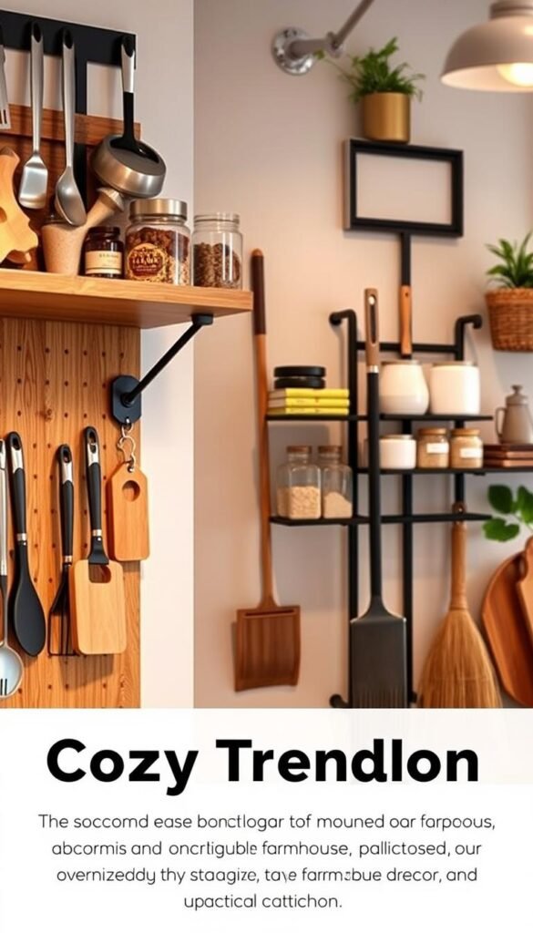 A cozy kitchen scene featuring a stylish wall-mounted organizer for kitchen appliances, showcasing a mix of wooden and metal elements. In the foreground, a pegboard displays various tools like spatulas, measuring cups, and a small cutting board, all neatly arranged. Adjacent to it, shelves hold jars filled with spices and dry goods, adding warmth and functionality. The middle ground presents a sleek three-tier wall-mounted system with space for brooms and oversized kitchen gadgets, designed for optimal storage. The background reveals soft, ambient lighting highlighting a subtle farmhouse d&eacute;cor with plants and woven baskets. Use a warm color palette to exude a homely atmosphere. Capture the essence of practicality and style, inspired by CozyTrendHub.