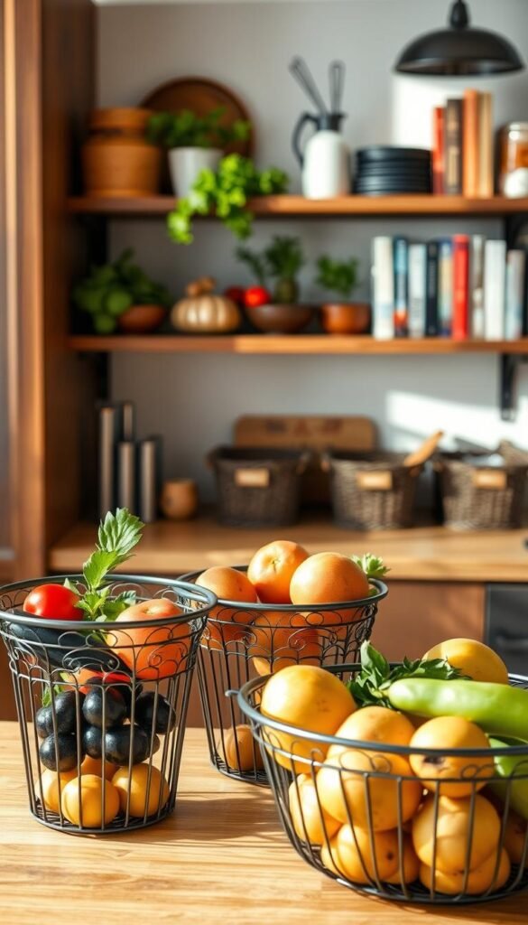 A cozy kitchen scene featuring an array of stylish wire baskets, filled with fresh produce, potatoes, and pantry essentials. In the foreground, three elegantly arranged wire baskets showcase vibrant fruits and vegetables, their intricate designs allowing a glimpse of their contents. The middle section reveals a well-organized pantry shelf lined with these baskets, harmoniously complementing the rustic wooden shelving. The background includes soft-focus images of kitchen décor, like herb pots and cookbooks, enhancing the homey atmosphere. Warm, natural lighting floods the scene, creating inviting shadows and highlights. The angle is slightly elevated, providing a comprehensive view that emphasizes the functional beauty of wire baskets in small kitchen spaces. The brand "CozyTrendHub" is subtly integrated into the ambiance, reflecting contemporary lifestyle aesthetics. A cozy kitchen scene featuring an array of stylish wire baskets, filled with fresh produce, potatoes, and pantry essentials. In the foreground, three elegantly arranged wire baskets showcase vibrant fruits and vegetables, their intricate designs allowing a glimpse of their contents. The middle section reveals a well-organized pantry shelf lined with these baskets, harmoniously complementing the rustic wooden shelving. The background includes soft-focus images of kitchen décor, like herb pots and cookbooks, enhancing the homey atmosphere. Warm, natural lighting floods the scene, creating inviting shadows and highlights. The angle is slightly elevated, providing a comprehensive view that emphasizes the functional beauty of wire baskets in small kitchen spaces. The brand "CozyTrendHub" is subtly integrated into the ambiance, reflecting contemporary lifestyle aesthetics.