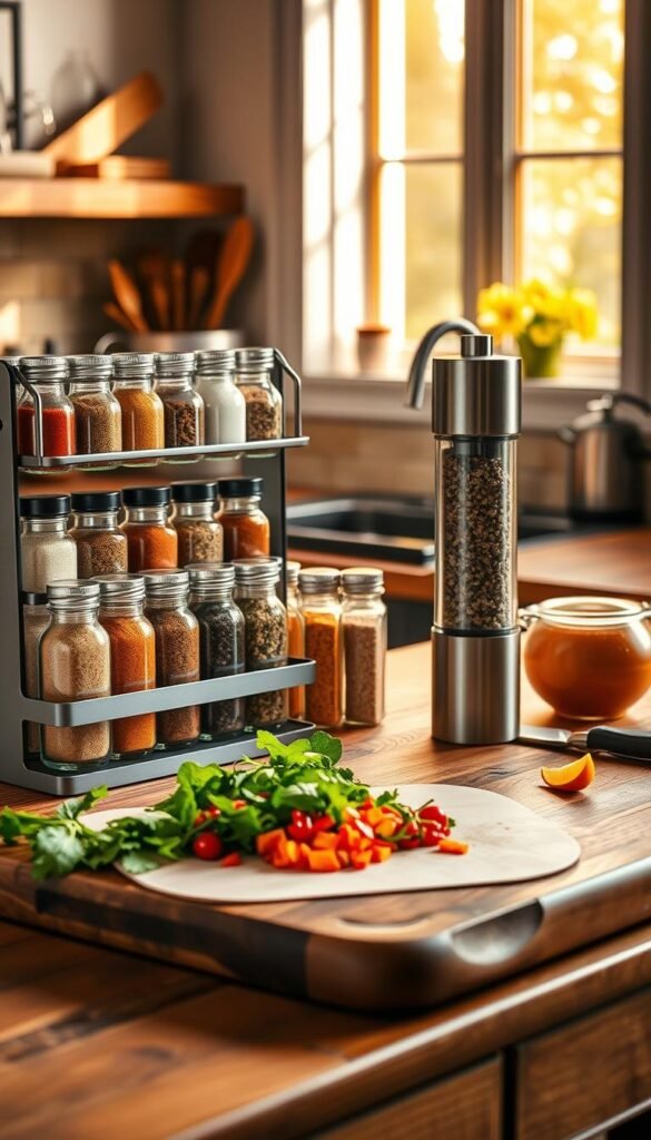A cozy kitchen scene featuring an array of vibrant spices and innovative seasoning tools beautifully arranged on a rustic wooden countertop. In the foreground, a stylish spice rack showcasing an assortment of glass jars filled with colorful spices like paprika, turmeric, and cumin, along with a sleek salt and pepper grinder set. The middle ground includes a cutting board with freshly chopped herbs and vegetables, conveying a sense of preparation for weeknight cooking. In the background, warm sunlight filters through a nearby window, casting a soft golden light across the scene. The overall mood is inviting and cheerful, perfect for a home that values functionality and style. This image embodies the essence of CozyTrendHub's kitchen products designed to enhance cooking efficiency and enjoyment.