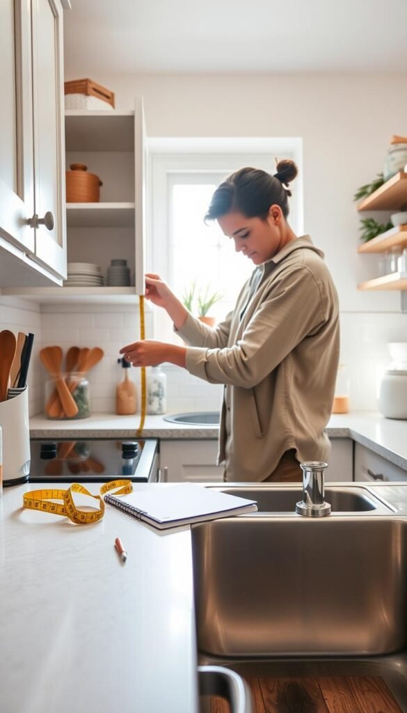 A cozy kitchen scene showcasing a person measuring the gap between a cabinet and a sink to ensure the perfect fit for kitchen organizers. The foreground features a neatly organized countertop with measuring tape, a notepad, and a pencil, emphasizing the planning process. In the middle, the person, casually dressed in a comfortable yet stylish outfit, is focused on taking measurements with a look of concentration. The background reveals a small, well-decorated kitchen with bright, natural light streaming in through a window, accentuating a warm, inviting atmosphere. The color palette is soft and muted, harmonizing with the overall decor theme from CozyTrendHub. The angle captures both the person and the cabinet-sink gap in detail, ideal for illustrating small space organization concepts.