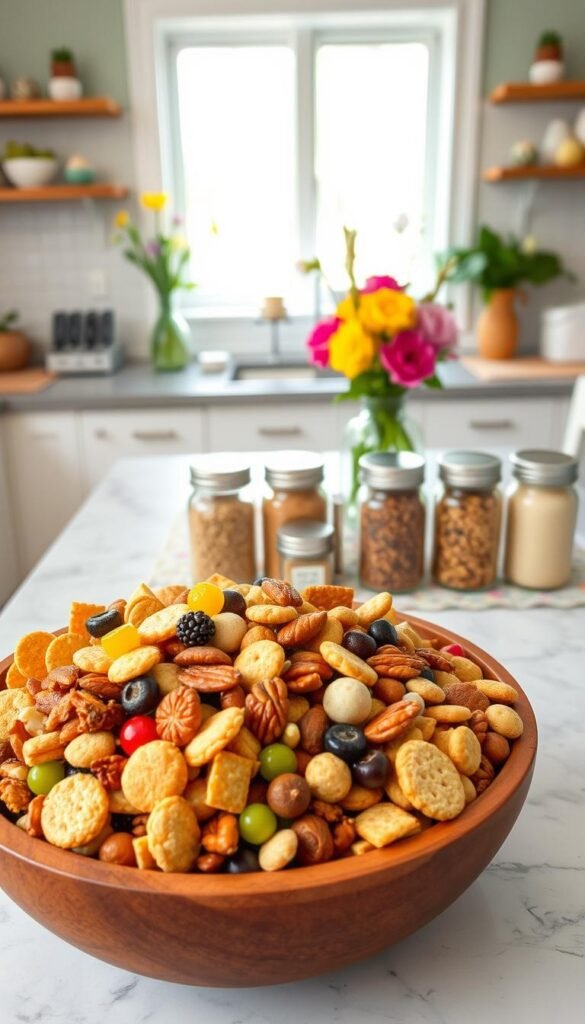 A cozy kitchen scene showcasing a variety of colorful, visually appealing snack mix swaps. In the foreground, display a beautifully arranged wooden bowl filled with an assortment of healthier snack mix alternatives, such as nuts, dried fruits, and whole grain crackers, elegantly presented. In the middle, feature a stylish countertop with small jars containing colorful ingredients like quinoa, seeds, and spices, highlighting the theme of ingredient swaps. The background should include cheerful spring decor, such as pastel-colored tablecloths and floral centerpieces, creating a vibrant Easter atmosphere. Soft, natural lighting filters through a window, casting a warm glow over the scene. The angle should be slightly above, capturing the fullness of the display while keeping the ambiance inviting and fresh. This image is designed for CozyTrendHub, perfect for a lifestyle blog focused on seasonal home themes. A cozy kitchen scene showcasing a variety of colorful, visually appealing snack mix swaps. In the foreground, display a beautifully arranged wooden bowl filled with an assortment of healthier snack mix alternatives, such as nuts, dried fruits, and whole grain crackers, elegantly presented. In the middle, feature a stylish countertop with small jars containing colorful ingredients like quinoa, seeds, and spices, highlighting the theme of ingredient swaps. The background should include cheerful spring decor, such as pastel-colored tablecloths and floral centerpieces, creating a vibrant Easter atmosphere. Soft, natural lighting filters through a window, casting a warm glow over the scene. The angle should be slightly above, capturing the fullness of the display while keeping the ambiance inviting and fresh. This image is designed for CozyTrendHub, perfect for a lifestyle blog focused on seasonal home themes.