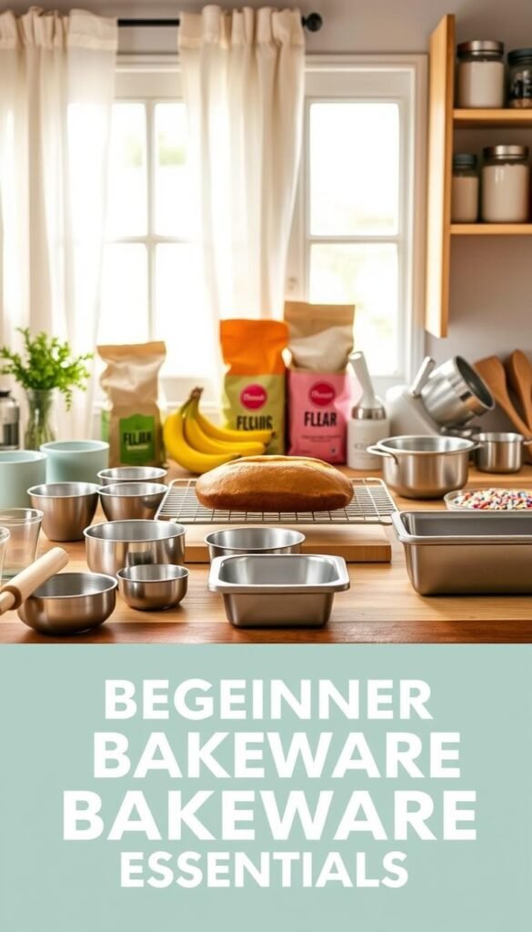 A cozy kitchen scene showcasing beginner bakeware essentials for cookies, cake, and banana bread. In the foreground, a wooden countertop features neatly arranged baking tools: a rolling pin, measuring cups, mixing bowls, and a variety of bakeware, including round cake pans and a loaf pan. In the middle, a freshly baked banana bread sits proudly on a cooling rack, surrounded by vibrant ingredients like ripe bananas, flour bags, and colorful sprinkles. The background consists of light-filled windows with soft curtains and open shelves displaying neatly organized baking tins and jars filled with ingredients. Warm, natural lighting bathes the scene, creating an inviting atmosphere that encourages baking. The style is realistic and Pinterest-worthy, reflecting a charming home decor theme. Brand name: CozyTrendHub.