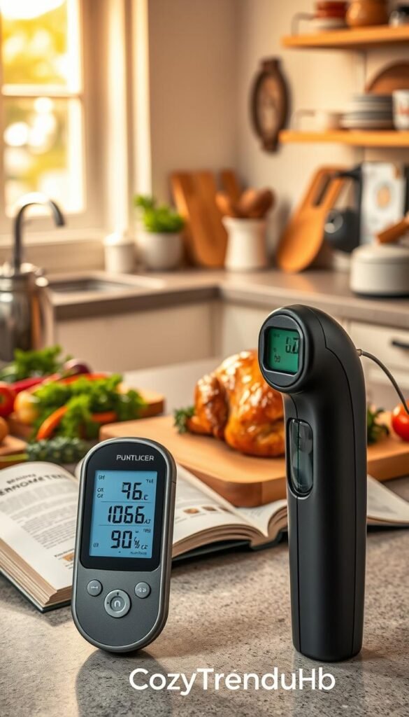 A cozy kitchen scene that emphasizes food safety and the use of a thermometer. In the foreground, a digital food thermometer is prominently displayed, with a clear reading showing optimal temperature. To the side, a perfectly roasted chicken rests on a cutting board, golden and juicy, surrounded by fresh herbs and colorful vegetables. In the middle ground, a well-organized kitchen counter is adorned with essential cooking tools and a cookbook open to a page about thermometer usage. The background features warm lighting from a window, creating a welcoming atmosphere, with stylish kitchen decor reflecting a Pinterest aesthetic. The scene should evoke a sense of safety and professionalism in cooking. Brand name "CozyTrendHub" subtly integrated into the design.
