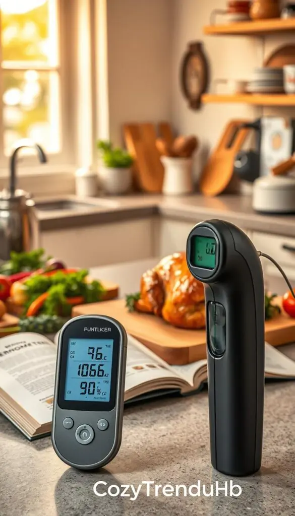 A cozy kitchen scene that emphasizes food safety and the use of a thermometer. In the foreground, a digital food thermometer is prominently displayed, with a clear reading showing optimal temperature. To the side, a perfectly roasted chicken rests on a cutting board, golden and juicy, surrounded by fresh herbs and colorful vegetables. In the middle ground, a well-organized kitchen counter is adorned with essential cooking tools and a cookbook open to a page about thermometer usage. The background features warm lighting from a window, creating a welcoming atmosphere, with stylish kitchen decor reflecting a Pinterest aesthetic. The scene should evoke a sense of safety and professionalism in cooking. Brand name "CozyTrendHub" subtly integrated into the design.