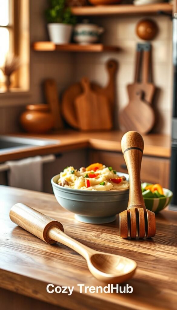 A cozy kitchen setting featuring a spurtle and masher tools elegantly placed on a wooden countertop. In the foreground, a beautifully crafted bamboo spurtle with a smooth finish and a traditional wooden masher, both arranged artistically. In the middle, a vibrant bowl of mashed potatoes and colorful chopped vegetables, demonstrating the tools in use. The background showcases warm, inviting kitchen decor with soft, natural lighting filtering through a window, enhancing the overall homely atmosphere. The angle should be slightly above the countertop, focusing on the tools and their functionality. The scene reflects a Pinterest-style aesthetic, curated for "CozyTrendHub," embodying a practical yet stylish kitchen vibe.