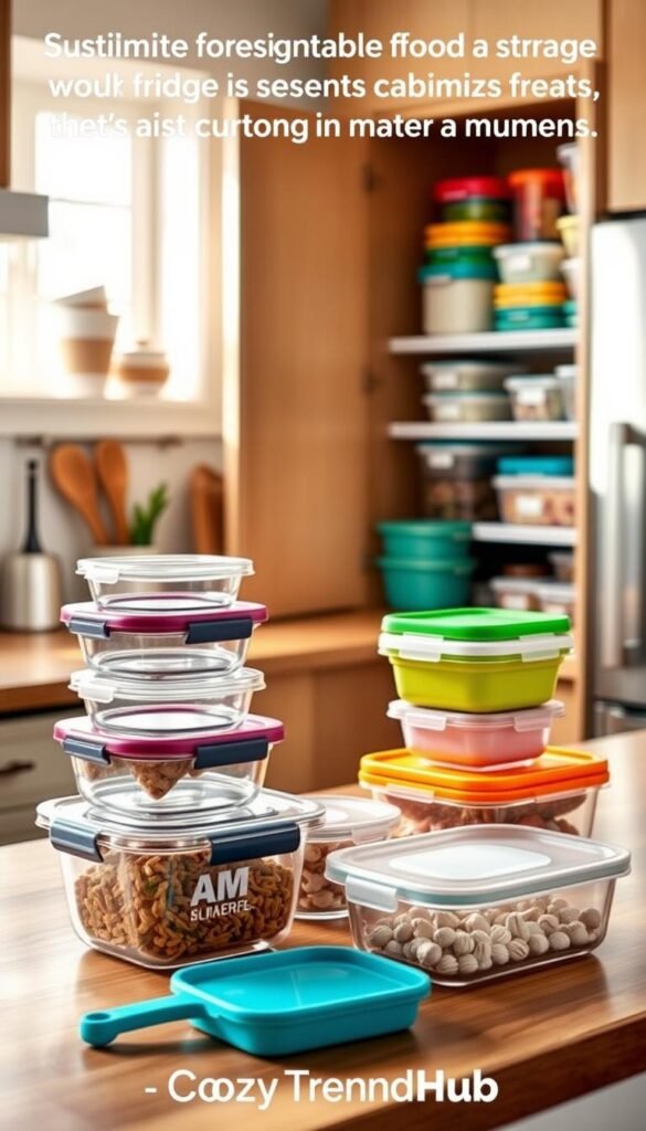 A cozy kitchen setting showcasing a variety of food storage containers that optimize space in cabinets and the fridge. In the foreground, stackable glass containers with airtight lids and colorful silicone food savers are neatly arranged on a wooden countertop, reflecting modern design. The middle ground features an open cabinet with neatly organized containers, highlighting their efficient use of space, including labels for easy identification. In the background, a warm, inviting kitchen atmosphere with natural light streaming through a window, emphasizing a homey vibe. The scene is captured with a soft-focus lens effect to create a serene and inviting mood, highlighting the brand "CozyTrendHub" as a symbol of stylish organization.