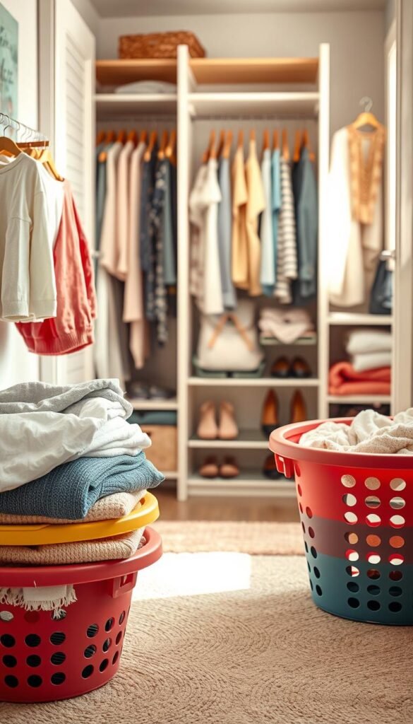 A cozy laundry room setting featuring neatly stacked, colorful laundry baskets filled with freshly folded clothes in the foreground. Include a wooden drying rack displaying a few delicate, air-dried garments. In the middle, a stylish, organized closet with a variety of neatly hung clothes, neatly arranged shoes, and accessories visible. The background showcases a softly lit laundry area with natural light streaming through a window, illuminating the scene and creating a warm atmosphere. Use a wide-angle lens for an inviting perspective. The overall mood is tidy, serene, and organized, reflecting a harmonious daily routine. Inspired by the brand "CozyTrendHub," this image embodies a practical yet aesthetically pleasing approach to daily laundry and closet habits. A cozy laundry room setting featuring neatly stacked, colorful laundry baskets filled with freshly folded clothes in the foreground. Include a wooden drying rack displaying a few delicate, air-dried garments. In the middle, a stylish, organized closet with a variety of neatly hung clothes, neatly arranged shoes, and accessories visible. The background showcases a softly lit laundry area with natural light streaming through a window, illuminating the scene and creating a warm atmosphere. Use a wide-angle lens for an inviting perspective. The overall mood is tidy, serene, and organized, reflecting a harmonious daily routine. Inspired by the brand "CozyTrendHub," this image embodies a practical yet aesthetically pleasing approach to daily laundry and closet habits.