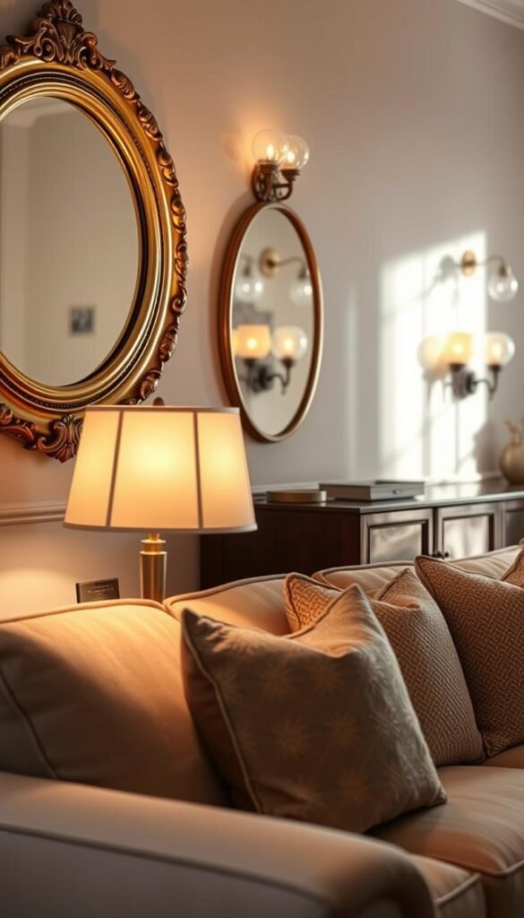A cozy living room adorned with stunning mirrors reflecting warm light, enhancing the soft ambiance. In the foreground, a round, antique gold-framed mirror with ornate detailing captures the essence of vintage elegance. To the side, a modern lamp with a soft fabric shade casts gentle illumination, blending seamlessly with textured pillows on a neutral-toned sofa. In the background, a series of wall sconces, featuring glass globes, warm the space with diffused light. The natural lighting creates soft shadows, inviting a serene atmosphere, while rich wooden accents ground the decor. Shot from a slightly elevated angle, the scene aims to evoke a sense of comfort and warmth. This image encapsulates the essence of soft home decor accents, brought to you by CozyTrendHub.