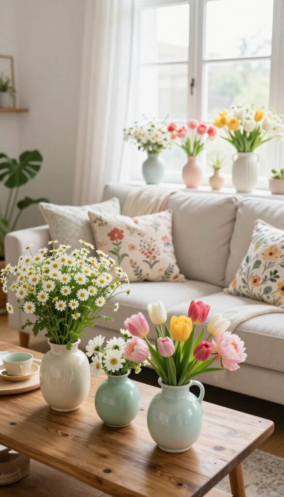 A cozy living room adorned with vibrant spring flowers in stylish vases, both real and faux, creating an inviting atmosphere. In the foreground, a beautifully arranged bouquet of daisies, tulips, and peonies in pastel-colored ceramic vases sits on a rustic wooden coffee table. In the middle, a comfy sofa draped with a light, cheerful throw complements the floral theme, with decorative cushions featuring floral patterns. The background features bright, airy windows adorned with sheer curtains, letting in soft, natural light that highlights the freshness of the flowers. The decor embodies a Pinterest-inspired, modern look with elements of spring, exuding warmth and a sense of renewal. The scene captures a bright, cheerful mood, perfect for rejuvenating a living space. Styled for CozyTrendHub. A cozy living room adorned with vibrant spring flowers in stylish vases, both real and faux, creating an inviting atmosphere. In the foreground, a beautifully arranged bouquet of daisies, tulips, and peonies in pastel-colored ceramic vases sits on a rustic wooden coffee table. In the middle, a comfy sofa draped with a light, cheerful throw complements the floral theme, with decorative cushions featuring floral patterns. The background features bright, airy windows adorned with sheer curtains, letting in soft, natural light that highlights the freshness of the flowers. The decor embodies a Pinterest-inspired, modern look with elements of spring, exuding warmth and a sense of renewal. The scene captures a bright, cheerful mood, perfect for rejuvenating a living space. Styled for CozyTrendHub.
