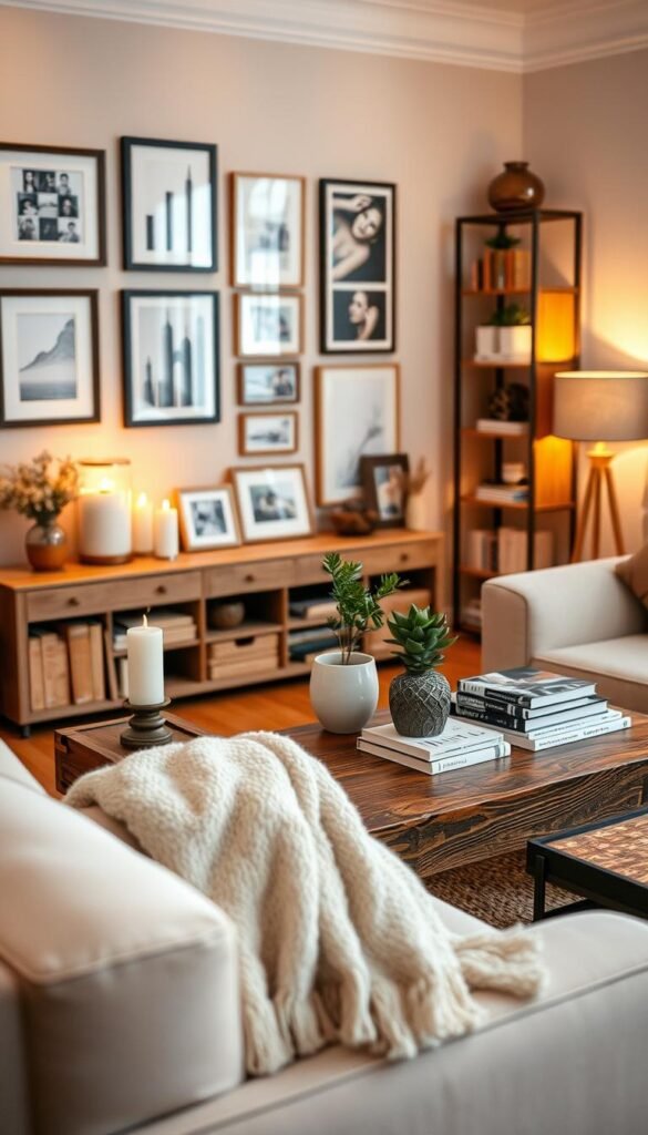 A cozy living room adorned with warm, inviting decor. In the foreground, a plush, oversized armchair with a soft throw blanket draped over it, accompanied by a rustic wooden coffee table displaying a carefully arranged vignette of candles, a potted plant, and a stack of art books. The middle ground features a beautifully curated wall with framed artwork and family photos, adding a personal touch. Soft, golden ambient lighting creates a warm glow, enhancing the homely atmosphere. In the background, a stylish bookshelf and a decorative lamp are visible, completing the inviting scene. The image captures a Pinterest-inspired lifestyle aesthetic that emphasizes comfort and personality, branded as "CozyTrendHub".