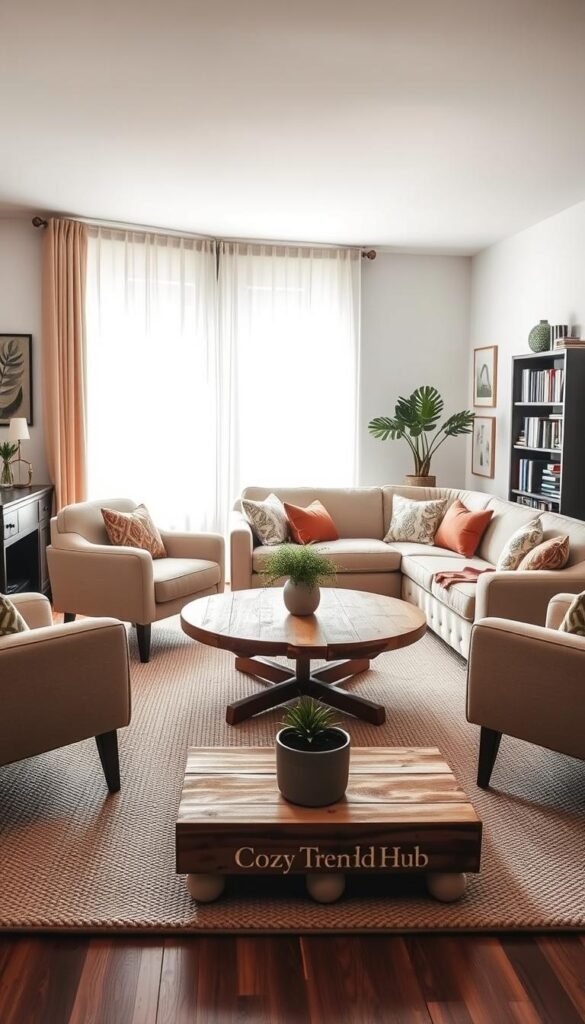 A cozy living room arranged for conversation with a circular seating layout, featuring two plush, modern armchairs in a soft beige fabric on either side of a warm, rustic wooden coffee table. In the foreground, a comfortable, textured area rug adds warmth, while a small plant in a decorative pot enhances the inviting atmosphere. The middle ground showcases a stylish sectional sofa adorned with colorful throw pillows to encourage a relaxed vibe. Soft, natural light filters through sheer curtains, creating a gentle glow that enhances the welcoming mood. In the background, tasteful wall art and a bookshelf filled with books provide a cozy touch. The image embodies the essence of inviting conversation, perfect for a living room decor article from CozyTrendHub.