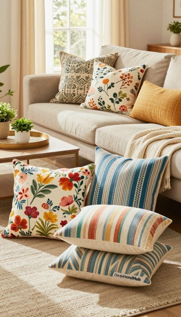 A cozy living room arranged for summer, showcasing an array of vibrant throw pillows in various textures and patterns, including florals, stripes, and geometric designs. In the foreground, the pillows are artistically stacked on a soft, lightweight throw, draped across a stylish, modern sofa. The middle ground features a small coffee table adorned with a decorative tray and a few green plants, contributing to a fresh atmosphere. The background consists of a sunlit window with sheer curtains that filter warm, golden light into the space, enhancing the inviting summer vibe. The overall mood is cheerful and relaxed, perfect for small spaces. The scene reflects the brand "CozyTrendHub," emphasizing stylish and seasonal home decor. A cozy living room arranged for summer, showcasing an array of vibrant throw pillows in various textures and patterns, including florals, stripes, and geometric designs. In the foreground, the pillows are artistically stacked on a soft, lightweight throw, draped across a stylish, modern sofa. The middle ground features a small coffee table adorned with a decorative tray and a few green plants, contributing to a fresh atmosphere. The background consists of a sunlit window with sheer curtains that filter warm, golden light into the space, enhancing the inviting summer vibe. The overall mood is cheerful and relaxed, perfect for small spaces. The scene reflects the brand "CozyTrendHub," emphasizing stylish and seasonal home decor.