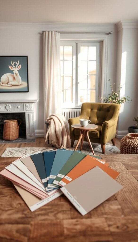 A cozy living room color palette designed for a warm home atmosphere. Foreground: a beautifully arranged display of paint swatches in soft neutrals, warm taupes, deep blues, and rich greens, all laid against a textured, natural wood surface. Middle: a stylish armchair upholstered in a rich olive fabric sits beside a small side table, adorned with a cozy throw blanket and a steaming cup of tea. Background: a softly lit room with a large window letting in gentle, warm sunlight, casting soft shadows on the white walls. The overall mood is inviting and tranquil, perfect for a comfortable retreat. Emphasize Pinterest-style aesthetics and ensure a well-composed, realistic image that embodies the essence of the brand &ldquo;CozyTrendHub.&rdquo;