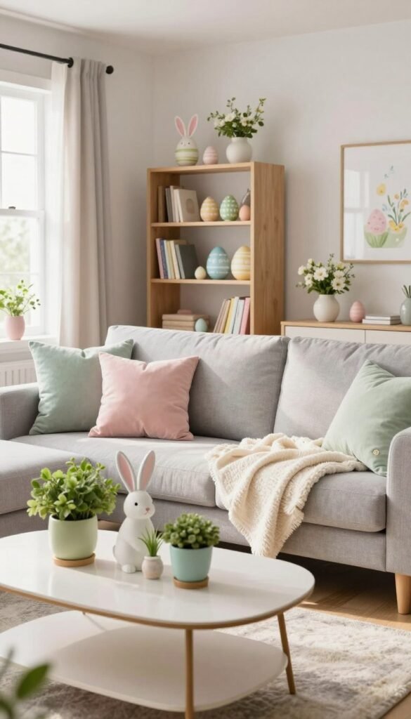 A cozy living room decorated for spring with a focus on Easter themes, featuring a comfortable light grey sofa adorned with pastel-colored throw pillows and a soft, airy blanket. A stylish coffee table in the foreground is elegantly set with a decorative bunny figurine, green plants in pastel pots, and a simple floral arrangement. The middle of the room showcases a well-organized bookshelf decorated with tasteful Easter-themed accents, such as intricately painted eggs and small spring florals, all while maintaining a clutter-free aesthetic. The background includes softly lit windows allowing natural sunlight to stream in, enhancing the warm, inviting atmosphere. The overall mood is cheerful and refreshing, reflecting a modern Pinterest-style living space by CozyTrendHub. Shot at eye level with a slight wide-angle lens to capture the entire room in a bright, harmonious composition. A cozy living room decorated for spring with a focus on Easter themes, featuring a comfortable light grey sofa adorned with pastel-colored throw pillows and a soft, airy blanket. A stylish coffee table in the foreground is elegantly set with a decorative bunny figurine, green plants in pastel pots, and a simple floral arrangement. The middle of the room showcases a well-organized bookshelf decorated with tasteful Easter-themed accents, such as intricately painted eggs and small spring florals, all while maintaining a clutter-free aesthetic. The background includes softly lit windows allowing natural sunlight to stream in, enhancing the warm, inviting atmosphere. The overall mood is cheerful and refreshing, reflecting a modern Pinterest-style living space by CozyTrendHub. Shot at eye level with a slight wide-angle lens to capture the entire room in a bright, harmonious composition.