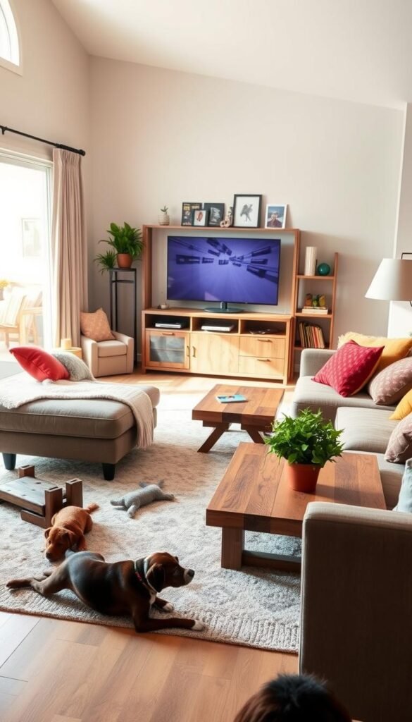 A cozy living room designed for busy family life, featuring a durable plush sectional sofa in a warm gray with colorful throw pillows, a low coffee table made of reclaimed wood, and a soft, machine-washable area rug. In the foreground, there are dog toys scattered around and a vibrant houseplant on the table, emphasizing a welcoming, lived-in feel. In the middle ground, a stylish entertainment unit holds family photos and games, while soft, ambient lighting creates a warm atmosphere. The background showcases a sliding glass door leading to a sunlit patio, framing the scene in natural light. Overall, the mood is relaxed and inviting, illustrating a perfect balance of function and style for family gatherings. Inspired by CozyTrendHub.