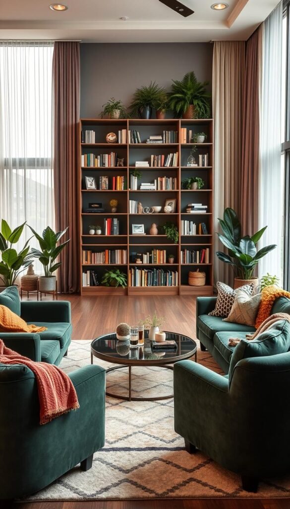 A cozy living room designed for noise reduction, featuring plush, oversized furniture with rich textures—like a velvet sofa in deep green and a soft, patterned area rug. In the foreground, an elegantly styled coffee table is surrounded by armchairs draped with colorful throw blankets. The middle layer shows a strategically placed bookshelf filled with books and decorative items, acting as a sound barrier. The background displays large curtains and potted plants that enhance the tranquil atmosphere. Warm, soft lighting filters through large windows, creating an inviting mood. Capture this scene in a Pinterest-style lifestyle photo, reflecting a balance of maximalism and practicality. The image embodies the signature aesthetic of CozyTrendHub. A cozy living room designed for noise reduction, featuring plush, oversized furniture with rich textures—like a velvet sofa in deep green and a soft, patterned area rug. In the foreground, an elegantly styled coffee table is surrounded by armchairs draped with colorful throw blankets. The middle layer shows a strategically placed bookshelf filled with books and decorative items, acting as a sound barrier. The background displays large curtains and potted plants that enhance the tranquil atmosphere. Warm, soft lighting filters through large windows, creating an inviting mood. Capture this scene in a Pinterest-style lifestyle photo, reflecting a balance of maximalism and practicality. The image embodies the signature aesthetic of CozyTrendHub.
