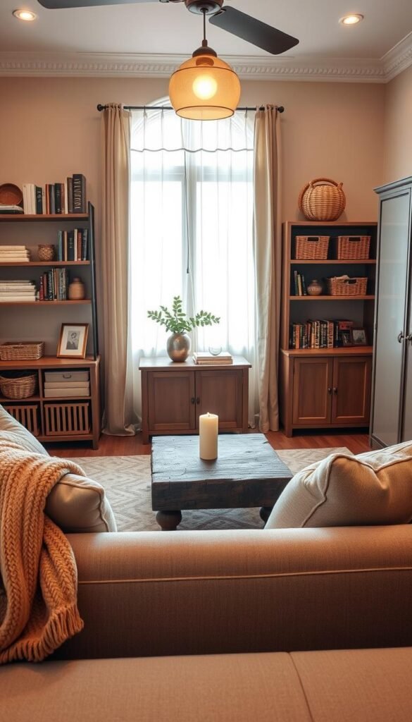 A cozy living room designed for optimal storage, featuring stylish shelves filled with books and decorative pieces, alongside woven baskets and a chic cabinet for hidden storage. In the foreground, a plush sofa with soft cushions invites relaxation, with a warm throw draped over one arm. The middle area displays a rustic coffee table adorned with a candle and a small plant, enhancing the inviting atmosphere. The background reveals a softly lit window with sheer curtains, allowing natural light to illuminate the room with a gentle glow. The color palette incorporates warm neutrals and earthy tones, creating a serene vibe. The overall mood is inviting and organized, showcasing the importance of storage in maintaining a clutter-free yet cozy living space. Realistic, Pinterest-style, by CozyTrendHub.