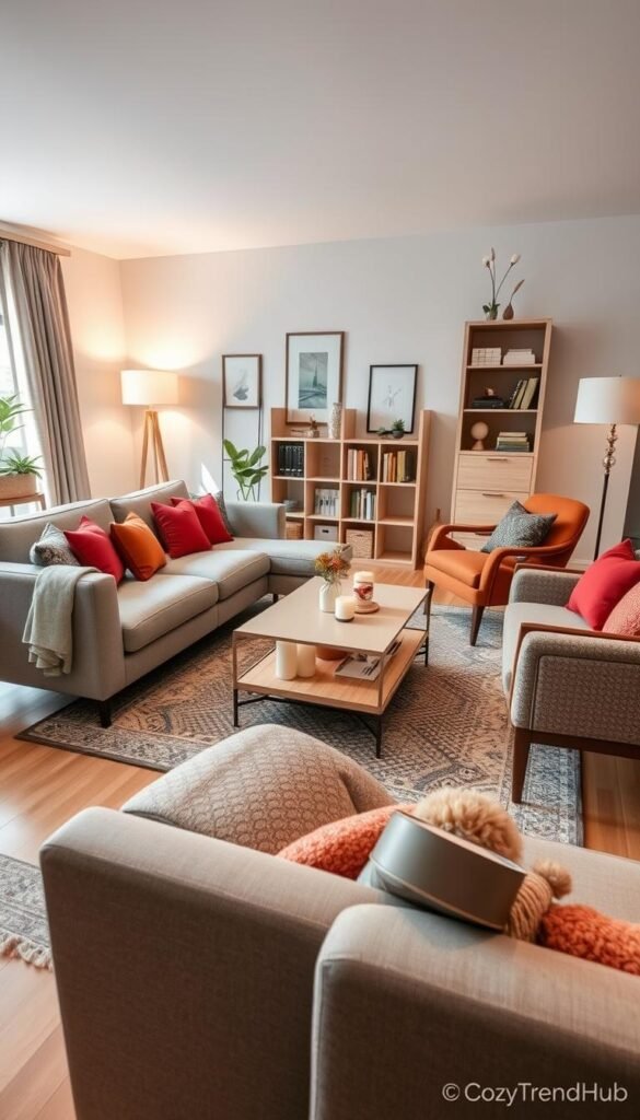 A cozy living room designed for shared living spaces, featuring a stylish arrangement of modern seating options like a plush, L-shaped sectional sofa in soft grey fabric and two accent chairs with vibrant cushions. In the foreground, a sleek coffee table holds a decorative tray with candles and a small plant. The middle ground showcases a tasteful area rug that adds warmth, while a light wood bookshelf displays books and decor items. The background reveals a wall adorned with artwork and soft, ambient lighting from a floor lamp, creating an inviting atmosphere. The scene is captured from a wide angle, emphasizing the layout, with natural light streaming through a nearby window. This image reflects the essence of shared spaces, combining comfort and style, perfect for CozyTrendHub. A cozy living room designed for shared living spaces, featuring a stylish arrangement of modern seating options like a plush, L-shaped sectional sofa in soft grey fabric and two accent chairs with vibrant cushions. In the foreground, a sleek coffee table holds a decorative tray with candles and a small plant. The middle ground showcases a tasteful area rug that adds warmth, while a light wood bookshelf displays books and decor items. The background reveals a wall adorned with artwork and soft, ambient lighting from a floor lamp, creating an inviting atmosphere. The scene is captured from a wide angle, emphasizing the layout, with natural light streaming through a nearby window. This image reflects the essence of shared spaces, combining comfort and style, perfect for CozyTrendHub.