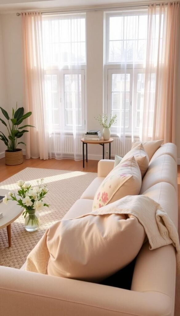A cozy living room designed for spring, showcasing a transformation from winter to spring decor. In the foreground, a light-colored sofa adorned with soft, breathable throw pillows and a lightweight, floral-patterned blanket inviting relaxation. On the coffee table, a small vase holds fresh spring flowers, adding a pop of color. In the middle area, a chic area rug grounds the space, with a minimalistic side table featuring a stack of stylish books. The background features large windows adorned with sheer, airy curtains that allow soft, natural light to flood the room, creating a warm atmosphere. The walls are painted in gentle pastel hues, enhancing the refreshing vibe. The scene evokes a peaceful, inviting mood perfect for enjoying the spring season. Styled by CozyTrendHub.