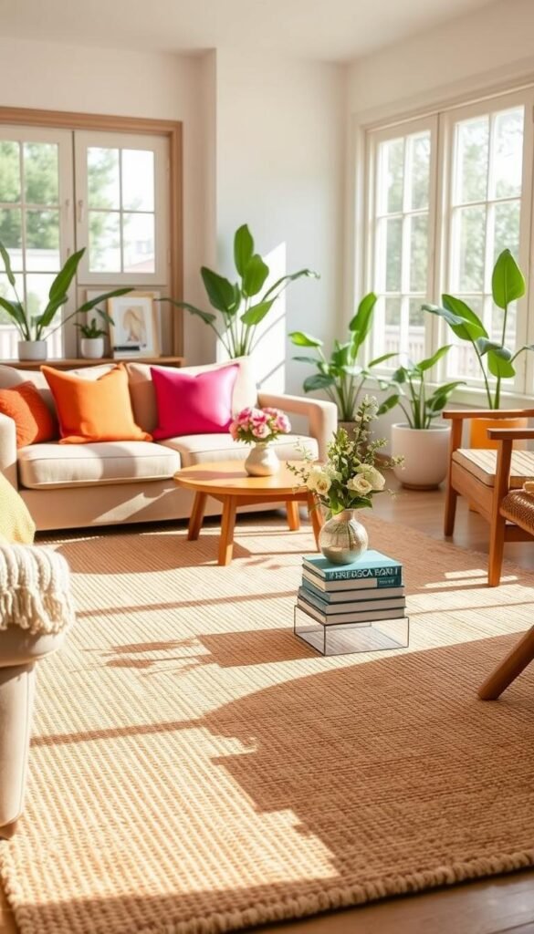 A cozy living room featuring a flat-weave jute rug, emphasizing a warm and inviting atmosphere. The foreground includes a plush, neutral-toned sofa adorned with vibrant summer throw pillows, creating a pop of color. In the middle, a beautifully textured flat-weave jute rug occupies the floor, surrounded by stylish wooden furniture with a natural finish. On a small coffee table, there are fresh flowers in a simple vase and a few elegant books. In the background, light streams in through large windows, casting soft shadows and highlighting indoor plants that add a touch of greenery. The lighting is bright and airy, evoking a relaxed summer vibe. This lifestyle photo embodies the essence of summer decor, ideal for showcasing natural materials and a fresh aesthetic, branded as CozyTrendHub. A cozy living room featuring a flat-weave jute rug, emphasizing a warm and inviting atmosphere. The foreground includes a plush, neutral-toned sofa adorned with vibrant summer throw pillows, creating a pop of color. In the middle, a beautifully textured flat-weave jute rug occupies the floor, surrounded by stylish wooden furniture with a natural finish. On a small coffee table, there are fresh flowers in a simple vase and a few elegant books. In the background, light streams in through large windows, casting soft shadows and highlighting indoor plants that add a touch of greenery. The lighting is bright and airy, evoking a relaxed summer vibe. This lifestyle photo embodies the essence of summer decor, ideal for showcasing natural materials and a fresh aesthetic, branded as CozyTrendHub.