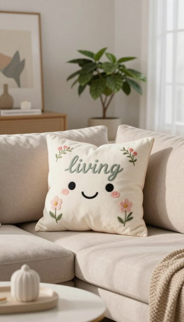 A cozy living room featuring a playful “living throw pillow” that has a mythically infused personality. The pillow, embellished with delicate floral embroidery in soft pastels, appears to smile gently, nestled among plush neutral-toned couch pillows. In the foreground, a small coffee table holds a light winter-themed decorative item, enhancing the spring ambiance. The middle ground displays a stylish yet modestly arranged living room complete with tasteful artwork and a verdant indoor plant in a simple pot. The background reveals a softly lit window allowing natural light to pour in, casting gentle shadows, creating a warm and inviting atmosphere. The image should have a slight depth of field, focusing on the pillow while slightly blurring the background elements. Overall, the scene embodies a modern, chic aesthetic, perfect for spring decor under $50. Product branding: CozyTrendHub. A cozy living room featuring a playful “living throw pillow” that has a mythically infused personality. The pillow, embellished with delicate floral embroidery in soft pastels, appears to smile gently, nestled among plush neutral-toned couch pillows. In the foreground, a small coffee table holds a light winter-themed decorative item, enhancing the spring ambiance. The middle ground displays a stylish yet modestly arranged living room complete with tasteful artwork and a verdant indoor plant in a simple pot. The background reveals a softly lit window allowing natural light to pour in, casting gentle shadows, creating a warm and inviting atmosphere. The image should have a slight depth of field, focusing on the pillow while slightly blurring the background elements. Overall, the scene embodies a modern, chic aesthetic, perfect for spring decor under $50. Product branding: CozyTrendHub.