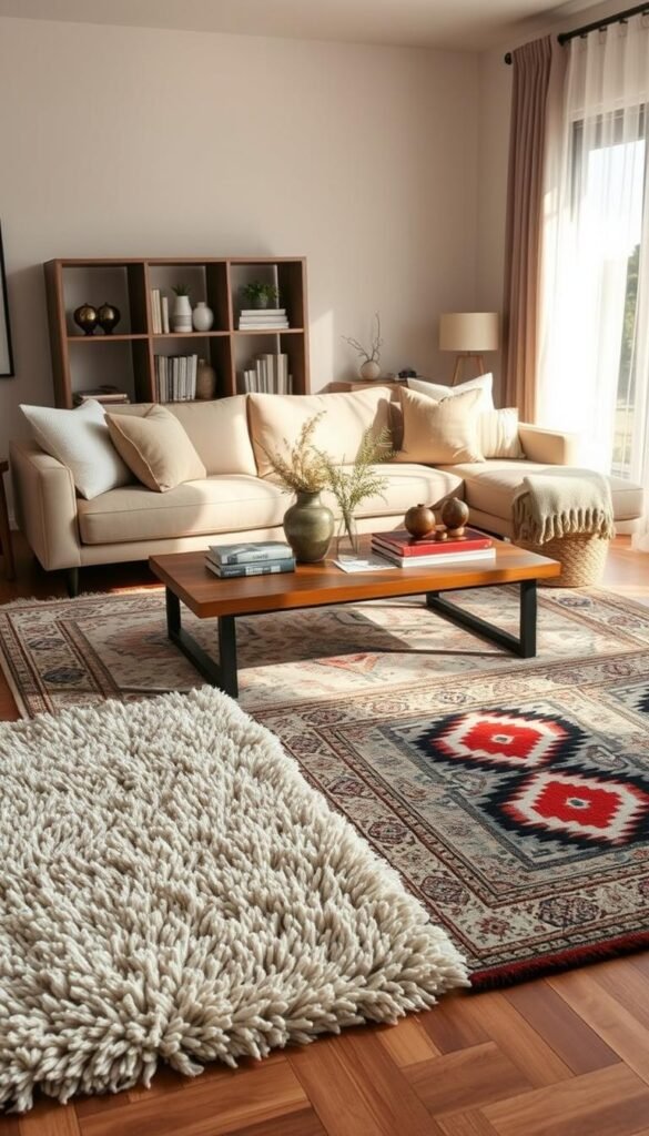 A cozy living room featuring a selection of stylish area rugs that cater to various tastes and budgets. In the foreground, showcase three distinct rugs: a plush neutral-toned shag rug, a vibrant geometric patterned rug, and a classic Persian-inspired rug, each carefully arranged to highlight their textures and colors. In the middle, a sleek wooden coffee table adorned with contemporary decor items, such as a stylish vase and a few decorative books. The background includes a tastefully designed bookshelf and a soft, inviting couch complemented by throw pillows. Use warm, natural lighting to create a welcoming atmosphere, simulating afternoon sunlight filtering through sheer curtains. Capture the scene from a slightly elevated angle with a 35mm lens to enhance the inviting mood, promoting a lifestyle that reflects CozyTrendHub's aesthetic. A cozy living room featuring a selection of stylish area rugs that cater to various tastes and budgets. In the foreground, showcase three distinct rugs: a plush neutral-toned shag rug, a vibrant geometric patterned rug, and a classic Persian-inspired rug, each carefully arranged to highlight their textures and colors. In the middle, a sleek wooden coffee table adorned with contemporary decor items, such as a stylish vase and a few decorative books. The background includes a tastefully designed bookshelf and a soft, inviting couch complemented by throw pillows. Use warm, natural lighting to create a welcoming atmosphere, simulating afternoon sunlight filtering through sheer curtains. Capture the scene from a slightly elevated angle with a 35mm lens to enhance the inviting mood, promoting a lifestyle that reflects CozyTrendHub's aesthetic.