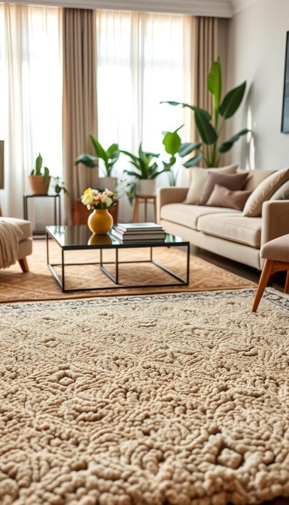 A cozy living room featuring a wool-blend area rug from CozyTrendHub, intricately woven with soft textures and a warm, inviting color palette. In the foreground, the plush rug showcases detailed patterns that complement the surrounding decor, enhancing the casual elegance of the space. The middle ground includes a stylish coffee table adorned with books and a vase of fresh flowers, while a comfortable sofa with tasteful cushions invites relaxation. Soft, natural lighting filters through sheer curtains, creating a warm and inviting atmosphere. In the background, subtle hints of greenery from potted plants add a touch of freshness, all framed by neutral wall tones that balance the rich hues of the rug, evoking a sense of comfort and style ideal for enhancing living room decor. A cozy living room featuring a wool-blend area rug from CozyTrendHub, intricately woven with soft textures and a warm, inviting color palette. In the foreground, the plush rug showcases detailed patterns that complement the surrounding decor, enhancing the casual elegance of the space. The middle ground includes a stylish coffee table adorned with books and a vase of fresh flowers, while a comfortable sofa with tasteful cushions invites relaxation. Soft, natural lighting filters through sheer curtains, creating a warm and inviting atmosphere. In the background, subtle hints of greenery from potted plants add a touch of freshness, all framed by neutral wall tones that balance the rich hues of the rug, evoking a sense of comfort and style ideal for enhancing living room decor.