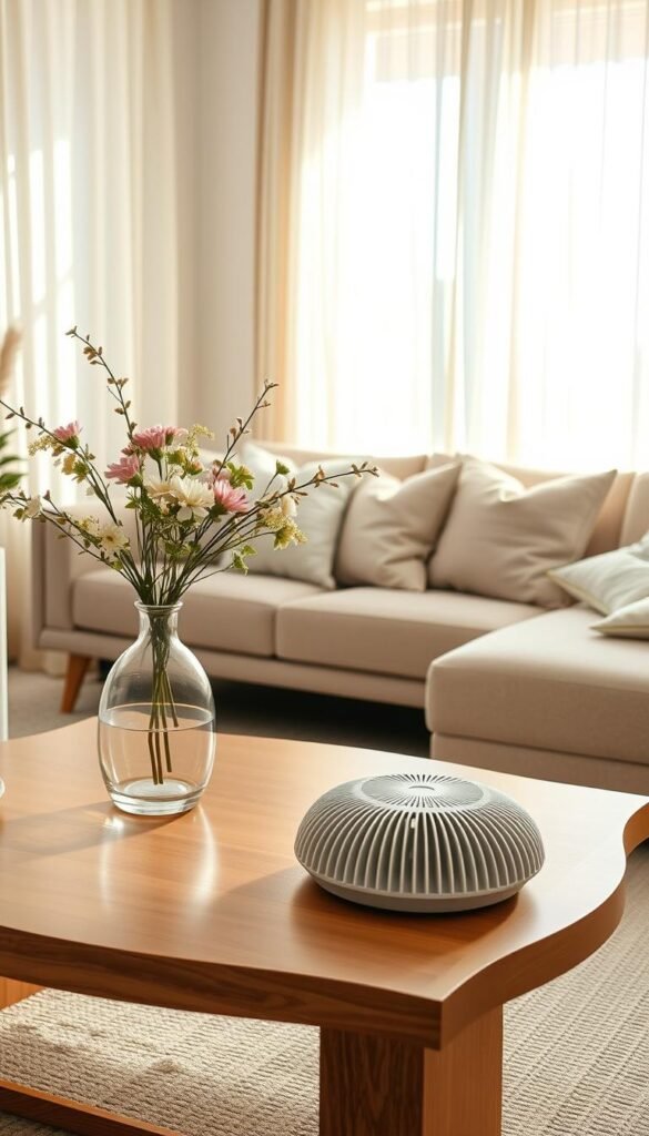 A cozy living room featuring stylish pollen traps designed to complement allergy-friendly decor. In the foreground, an elegant wooden coffee table adorned with a chic vase filled with allergy-resistant flowers and a minimalist incense holder. The middle ground showcases a modern sofa decorated with soft, neutral-colored cushions, surrounding a beautiful, airy window that lets in warm, natural light. The background presents light, sheer curtains fluttering lightly, creating a serene atmosphere. Soft, diffused lighting casts gentle shadows, enhancing the inviting feel of the space. The decor reflects a seasonal spring theme with pastel hues and botanical elements while prominently showcasing the pollen traps, blending seamlessly into the design. This lifestyle photo is inspired by the brand CozyTrendHub. A cozy living room featuring stylish pollen traps designed to complement allergy-friendly decor. In the foreground, an elegant wooden coffee table adorned with a chic vase filled with allergy-resistant flowers and a minimalist incense holder. The middle ground showcases a modern sofa decorated with soft, neutral-colored cushions, surrounding a beautiful, airy window that lets in warm, natural light. The background presents light, sheer curtains fluttering lightly, creating a serene atmosphere. Soft, diffused lighting casts gentle shadows, enhancing the inviting feel of the space. The decor reflects a seasonal spring theme with pastel hues and botanical elements while prominently showcasing the pollen traps, blending seamlessly into the design. This lifestyle photo is inspired by the brand CozyTrendHub.