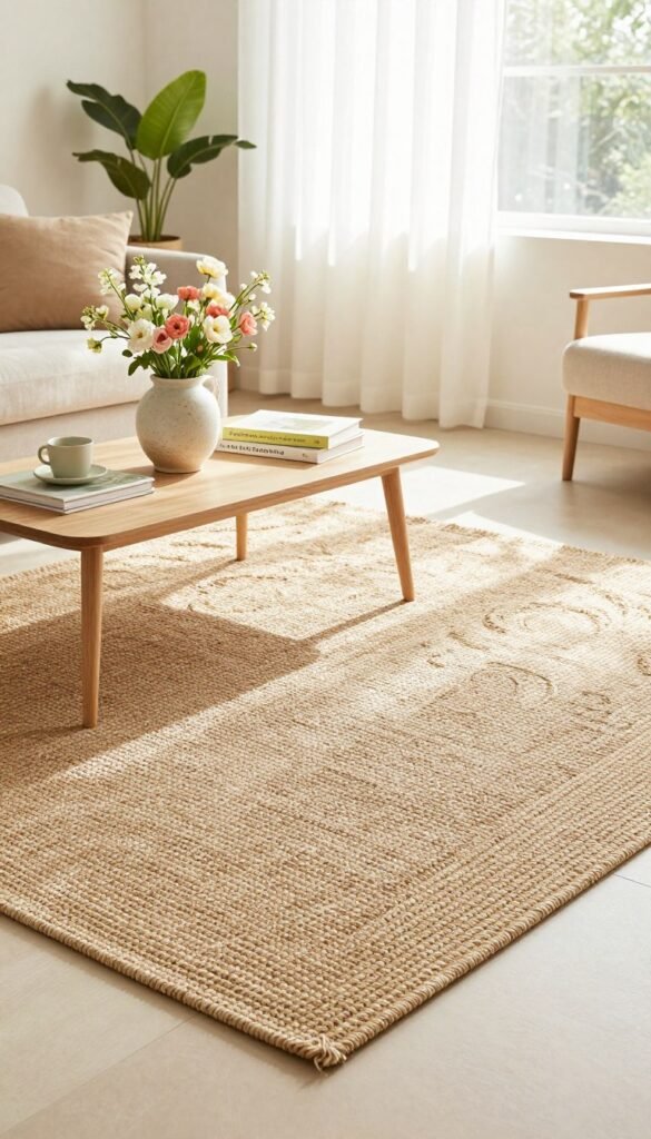 A cozy living room interior featuring a natural fiber rug that adds warmth and texture to the space, surrounded by light, spring-inspired decor. In the foreground, the rug is woven from jute, with its intricate, earthy patterns contrasting beautifully against a soft, pastel-hued floor. In the middle, a well-styled coffee table holds fresh flowers in a ceramic vase and neatly arranged spring-themed books. In the background, bright, sheer curtains filter sunlight, illuminating the room with a warm glow. A potted plant adds a touch of greenery. The overall mood is inviting and refreshing, embodying a chic, Pinterest-style aesthetic perfect for a seasonal ambiance. Capturing the essence of spring decor from CozyTrendHub, ensure the angle showcases depth and warmth with soft, natural lighting.