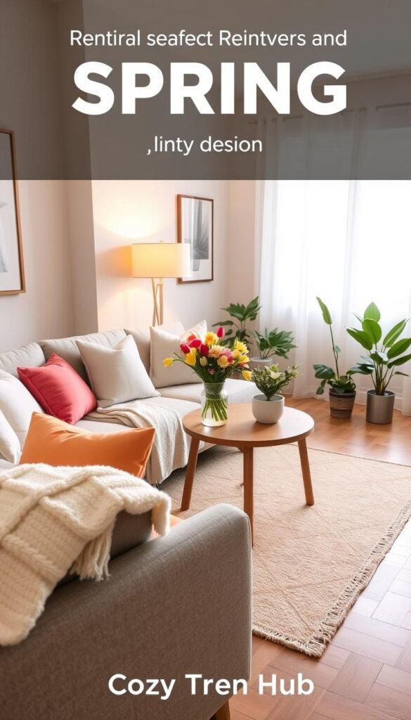 A cozy living room scene designed for spring, perfect for renters and small apartments. In the foreground, a stylish, light-gray sofa adorned with bright pastel throw pillows and a soft white blanket. A small, round wooden coffee table holds a vase filled with fresh flowers, such as tulips and daffodils. The middle ground features a decorative rug in subtle spring colors, and a stylish floor lamp casting warm light. In the background, a window with sheer white curtains lets in soft, natural sunlight, illuminating the room. Potted plants, like a snake plant and a peace lily, add life to the decor. The mood is fresh, inviting, and cheerful, ideal for a spring refresh. Branding should reflect "CozyTrendHub", emphasizing the seasonal theme. Use a wide-angle lens for a spacious feel.