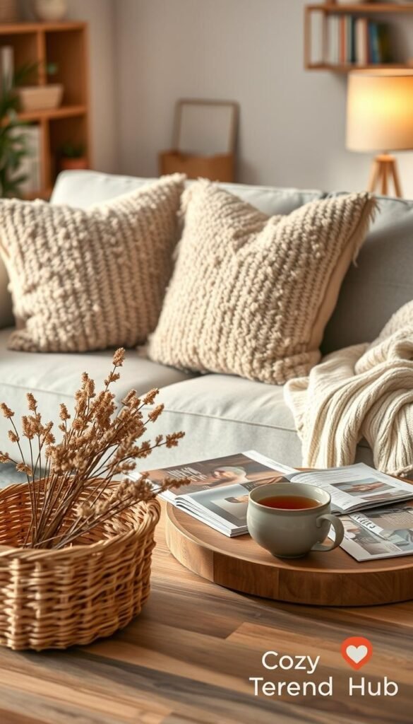 A cozy living room scene featuring a nubby pillow set in neutral tones, including beige, taupe, and soft gray, with textured details clearly visible. The pillows should be arranged artfully on a light gray sofa with a plush throw blanket draped casually. In the foreground, a woven basket filled with dried flowers adds a natural touch. In the middle, a wooden coffee table displays a few lifestyle magazines and a steaming cup of tea. The background includes a softly glowing lamp and a bookshelf, blurred slightly for depth. The lighting should be warm and inviting, reminiscent of golden hour, creating a serene atmosphere. Capture this scene in a warm, Pinterest-inspired aesthetic that resonates with home decor lovers. Branding with "CozyTrendHub" subtly in the corner.