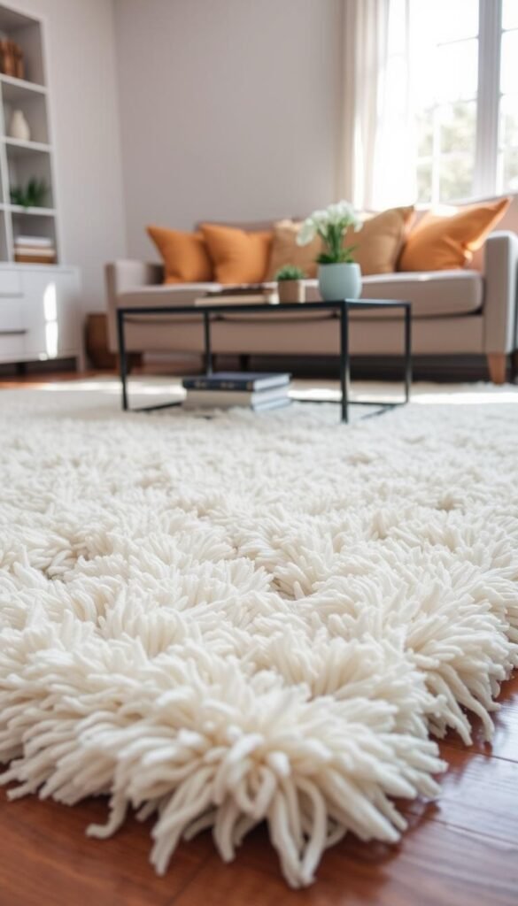 A cozy living room scene featuring a polypropylene shag rug from "CozyTrendHub", showcasing its soft texture and inviting appearance. In the foreground, the plush, cream-colored rug, with its thick, fluffy strands, sprawls across a hardwood floor. In the middle ground, a stylish coffee table adorned with a few decorative books and a potted plant enhances the ambiance. The background displays a serene, neutral-colored sofa adorned with warm throw pillows, creating a harmonious balance with the rug. Soft, natural light filters through a nearby window, casting gentle shadows and adding warmth to the scene. The overall mood is welcoming and chic, perfect for inspiring a budget-friendly living room upgrade. The image captures a Pinterest-worthy, carefully curated home decor aesthetic. A cozy living room scene featuring a polypropylene shag rug from "CozyTrendHub", showcasing its soft texture and inviting appearance. In the foreground, the plush, cream-colored rug, with its thick, fluffy strands, sprawls across a hardwood floor. In the middle ground, a stylish coffee table adorned with a few decorative books and a potted plant enhances the ambiance. The background displays a serene, neutral-colored sofa adorned with warm throw pillows, creating a harmonious balance with the rug. Soft, natural light filters through a nearby window, casting gentle shadows and adding warmth to the scene. The overall mood is welcoming and chic, perfect for inspiring a budget-friendly living room upgrade. The image captures a Pinterest-worthy, carefully curated home decor aesthetic.