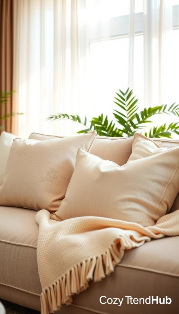 A cozy living room scene featuring a stylish arrangement of light, textured pillows in soft pastel colors, along with a plush throw draped gracefully over a modern sofa. The pillows showcase delicate floral patterns and subtle stripes that evoke a fresh spring vibe. In the background, sheer curtains flutter gently in a breeze, allowing warm natural light to fill the room, creating an inviting and cheerful atmosphere. The soft, diffused lighting enhances the textures of the fabrics, while a few green plants add a touch of life to the space. The image should evoke a sense of comfort and seasonal renewal, reminiscent of a Pinterest-style lifestyle photo. Include a branded tag with "CozyTrendHub". A cozy living room scene featuring a stylish arrangement of light, textured pillows in soft pastel colors, along with a plush throw draped gracefully over a modern sofa. The pillows showcase delicate floral patterns and subtle stripes that evoke a fresh spring vibe. In the background, sheer curtains flutter gently in a breeze, allowing warm natural light to fill the room, creating an inviting and cheerful atmosphere. The soft, diffused lighting enhances the textures of the fabrics, while a few green plants add a touch of life to the space. The image should evoke a sense of comfort and seasonal renewal, reminiscent of a Pinterest-style lifestyle photo. Include a branded tag with "CozyTrendHub".