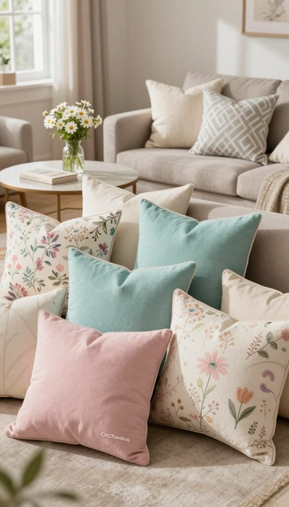 A cozy living room scene featuring an array of beautifully styled throw pillows, showcasing various textures and patterns. In the foreground, an assortment of pillows in pastel colors—light pink, soft turquoise, and cream—rest elegantly on a plush, neutral-colored sofa. Some pillows have floral prints that evoke the freshness of spring, while others boast geometric designs for a modern touch. In the middle background, a stylish coffee table adorned with a small vase of fresh daisies and a book complements the decor. Light streams in through an open window, casting soft shadows, creating a warm and inviting atmosphere. The lens captures a wide-angle view, highlighting the harmonious blend of colors and textures, epitomizing spring decor. The scene is branded with "CozyTrendHub" to reflect a lifestyle aesthetic. A cozy living room scene featuring an array of beautifully styled throw pillows, showcasing various textures and patterns. In the foreground, an assortment of pillows in pastel colors—light pink, soft turquoise, and cream—rest elegantly on a plush, neutral-colored sofa. Some pillows have floral prints that evoke the freshness of spring, while others boast geometric designs for a modern touch. In the middle background, a stylish coffee table adorned with a small vase of fresh daisies and a book complements the decor. Light streams in through an open window, casting soft shadows, creating a warm and inviting atmosphere. The lens captures a wide-angle view, highlighting the harmonious blend of colors and textures, epitomizing spring decor. The scene is branded with "CozyTrendHub" to reflect a lifestyle aesthetic.