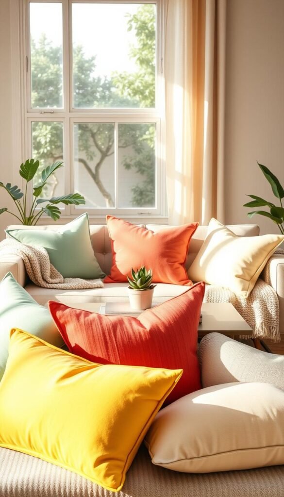 A cozy living room scene featuring an array of stylish, heat-friendly summer pillows in soft, light fabrics. In the foreground, showcase vibrant pillows in pastel shades like mint green, coral, and light yellow, arranged artfully on a small, modern sofa with a textured throw blanket draped casually. The middle layer includes a sleek coffee table adorned with a small potted succulent and a few decorative books, enhancing the inviting feel. In the background, a large window allows soft, warm sunlight to filter in, illuminating the space and highlighting the airy atmosphere. The overall mood is fresh and relaxed, evoking a perfect summer vibe while being ideal for small spaces and rentals. This image embodies the aesthetic of CozyTrendHub, focusing on a cheerful and welcoming ambiance. A cozy living room scene featuring an array of stylish, heat-friendly summer pillows in soft, light fabrics. In the foreground, showcase vibrant pillows in pastel shades like mint green, coral, and light yellow, arranged artfully on a small, modern sofa with a textured throw blanket draped casually. The middle layer includes a sleek coffee table adorned with a small potted succulent and a few decorative books, enhancing the inviting feel. In the background, a large window allows soft, warm sunlight to filter in, illuminating the space and highlighting the airy atmosphere. The overall mood is fresh and relaxed, evoking a perfect summer vibe while being ideal for small spaces and rentals. This image embodies the aesthetic of CozyTrendHub, focusing on a cheerful and welcoming ambiance.