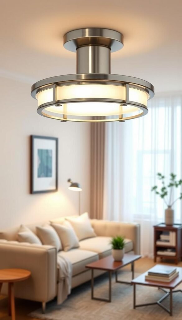 A cozy living room scene featuring an elegant flush mount ceiling light from CozyTrendHub, designed for low ceilings and small spaces. In the foreground, capture the flush mount light fixture with a brushed nickel finish and soft, diffused white glass shade, casting a warm, inviting glow. In the middle, showcase a small, tastefully arranged living room with a plush, neutral-toned sofa adorned with subtle throw pillows, a chic coffee table, and decor elements like a potted plant and a stack of books. The background reveals soft, natural light filtering through sheer curtains, enhancing the ambiance. The overall atmosphere conveys comfort and style, ideal for a modern, minimalist setting, with a focus on functionality and elegance.
