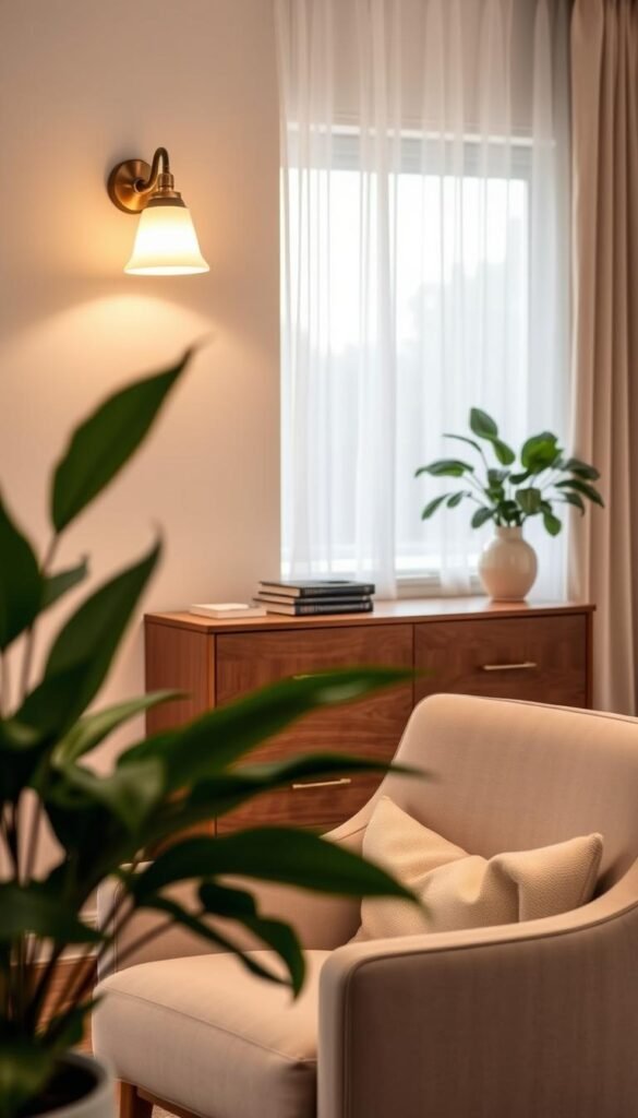 A cozy living room scene featuring elegant plug-in wall sconces providing task lighting above a modern, minimalistic console table. The sconces are stylish, with warm woods and soft white shades, casting a gentle glow on the wall behind. In the foreground, a plush, inviting armchair is positioned beside the table, with a neatly folded throw and a stack of books. Lush indoor plants frame the scene, adding a touch of nature to the decor. The background features a softly blurred window draped in sheer curtains, allowing natural light to filter through. The ambiance exudes warmth and comfort, perfect for a cozy evening at home. This lifestyle shot embodies the essence of "CozyTrendHub," showcasing a harmonious blend of beauty and functionality in lighting design. A cozy living room scene featuring elegant plug-in wall sconces providing task lighting above a modern, minimalistic console table. The sconces are stylish, with warm woods and soft white shades, casting a gentle glow on the wall behind. In the foreground, a plush, inviting armchair is positioned beside the table, with a neatly folded throw and a stack of books. Lush indoor plants frame the scene, adding a touch of nature to the decor. The background features a softly blurred window draped in sheer curtains, allowing natural light to filter through. The ambiance exudes warmth and comfort, perfect for a cozy evening at home. This lifestyle shot embodies the essence of "CozyTrendHub," showcasing a harmonious blend of beauty and functionality in lighting design.