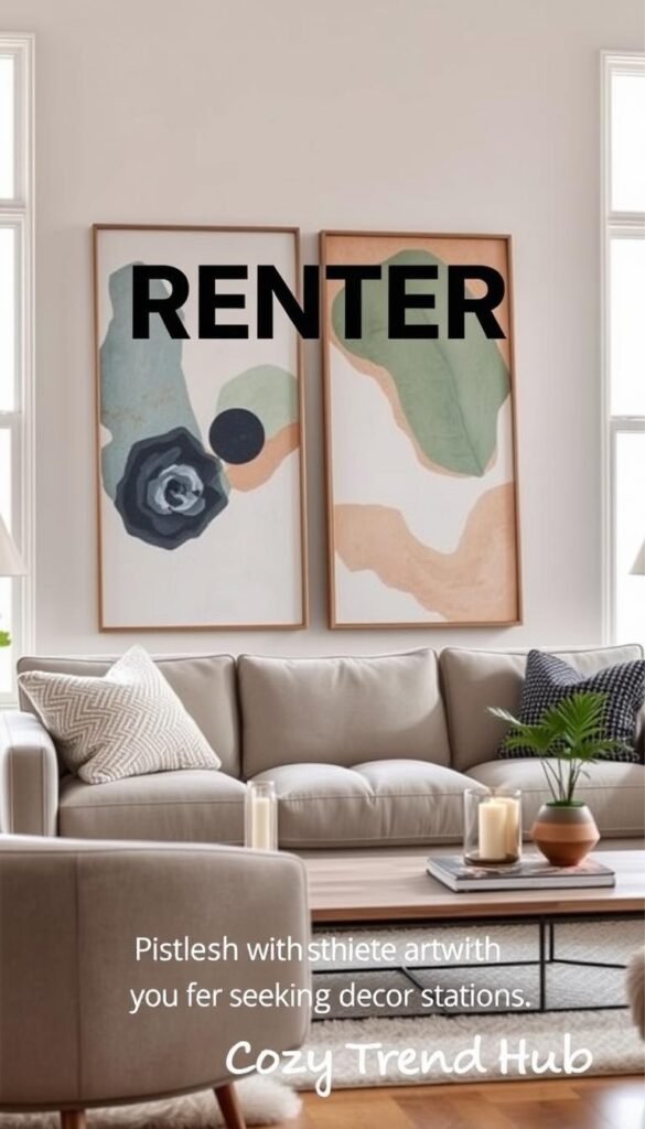 A cozy living room scene featuring leaning oversized artwork against a light-colored wall, showcasing abstract designs with a color palette of soft blues, greens, and warm neutrals. In the foreground, a plush, modern sofa with textured throw pillows sits invitingly, while a stylish coffee table displays a few curated decor pieces like candles and books. Potted plants add a touch of greenery. The middle ground includes the oversized artwork, leaning casually to create an effortless yet impactful focal point. In the background, large windows allow soft natural light to illuminate the space, creating a warm and inviting atmosphere. This Pinterest-style lifestyle photo captures a relaxed yet sophisticated vibe, ideal for renters seeking decor inspiration. CozyTrendHub branding subtly integrated into the scene.