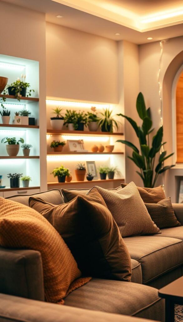 A cozy living room scene featuring soft, indirect ambient glow from LED strips and rope lighting. In the foreground, a plush couch adorned with warm, textured throw pillows sits next to a stylish coffee table. The middle of the room showcases LED strips subtly highlighting the edges of shelves and cabinetry, casting a warm light across various indoor plants and decorative elements. In the background, a soft glow emanates from dimmable rope lighting accentuating architectural features, creating an inviting atmosphere. The scene is well-lit, with a warm color palette that evokes comfort and relaxation, captured with a wide-angle lens to convey spaciousness. This image reflects a stylish, modern look themed around home decor. CozyTrendHub. A cozy living room scene featuring soft, indirect ambient glow from LED strips and rope lighting. In the foreground, a plush couch adorned with warm, textured throw pillows sits next to a stylish coffee table. The middle of the room showcases LED strips subtly highlighting the edges of shelves and cabinetry, casting a warm light across various indoor plants and decorative elements. In the background, a soft glow emanates from dimmable rope lighting accentuating architectural features, creating an inviting atmosphere. The scene is well-lit, with a warm color palette that evokes comfort and relaxation, captured with a wide-angle lens to convey spaciousness. This image reflects a stylish, modern look themed around home decor. CozyTrendHub.