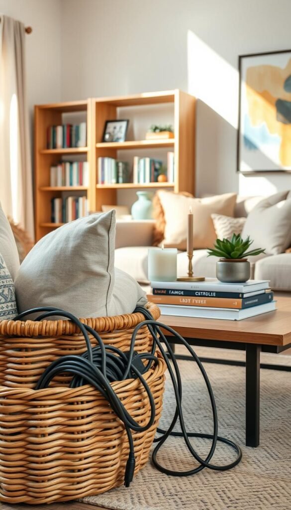 A cozy living room scene featuring strategically placed decor cords elegantly blending with surrounding decor. In the foreground, a stylish woven basket holds decorative pillows, partially concealing a tangle of cables. The middle ground showcases a modern coffee table adorned with artful books, a minimalist candle, and a decorative plant, cleverly disguising hidden cords behind it. The background reveals a tastefully arranged bookshelf and a vibrant piece of wall art, bathed in soft, natural light streaming through a window. The atmosphere is warm and inviting, embodying a Pinterest-inspired lifestyle. This image reflects the essence of CozyTrendHub's decor philosophy, emphasizing clean cable concealment in a stylish home setting. A cozy living room scene featuring strategically placed decor cords elegantly blending with surrounding decor. In the foreground, a stylish woven basket holds decorative pillows, partially concealing a tangle of cables. The middle ground showcases a modern coffee table adorned with artful books, a minimalist candle, and a decorative plant, cleverly disguising hidden cords behind it. The background reveals a tastefully arranged bookshelf and a vibrant piece of wall art, bathed in soft, natural light streaming through a window. The atmosphere is warm and inviting, embodying a Pinterest-inspired lifestyle. This image reflects the essence of CozyTrendHub's decor philosophy, emphasizing clean cable concealment in a stylish home setting.