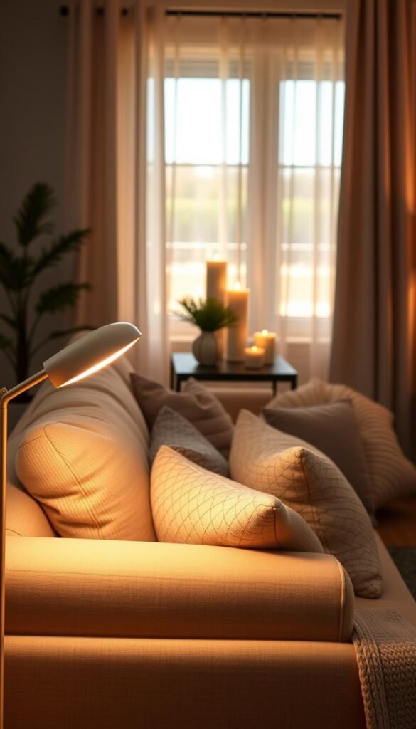A cozy living room scene featuring stylish plug-in ambient lighting that softens harsh overhead lights, creating a warm and inviting atmosphere. In the foreground, a sleek, modern floor lamp casts a gentle glow, illuminating a plush, neutral-toned sofa adorned with textured throw pillows. In the middle, a decorative side table holds a cluster of candles and a small potted plant, adding to the warmth. The background showcases a softly lit window with sheer curtains, allowing natural light to filter in, enhancing the tranquil mood. This image embodies a Pinterest-style aesthetic suitable for contemporary home decor. Capture this scene with a warm color palette, soft focus, and a lens effect that emphasizes the ambient lighting's cozy glow. Suitable for a seasonal decor guide by CozyTrendHub. A cozy living room scene featuring stylish plug-in ambient lighting that softens harsh overhead lights, creating a warm and inviting atmosphere. In the foreground, a sleek, modern floor lamp casts a gentle glow, illuminating a plush, neutral-toned sofa adorned with textured throw pillows. In the middle, a decorative side table holds a cluster of candles and a small potted plant, adding to the warmth. The background showcases a softly lit window with sheer curtains, allowing natural light to filter in, enhancing the tranquil mood. This image embodies a Pinterest-style aesthetic suitable for contemporary home decor. Capture this scene with a warm color palette, soft focus, and a lens effect that emphasizes the ambient lighting's cozy glow. Suitable for a seasonal decor guide by CozyTrendHub.