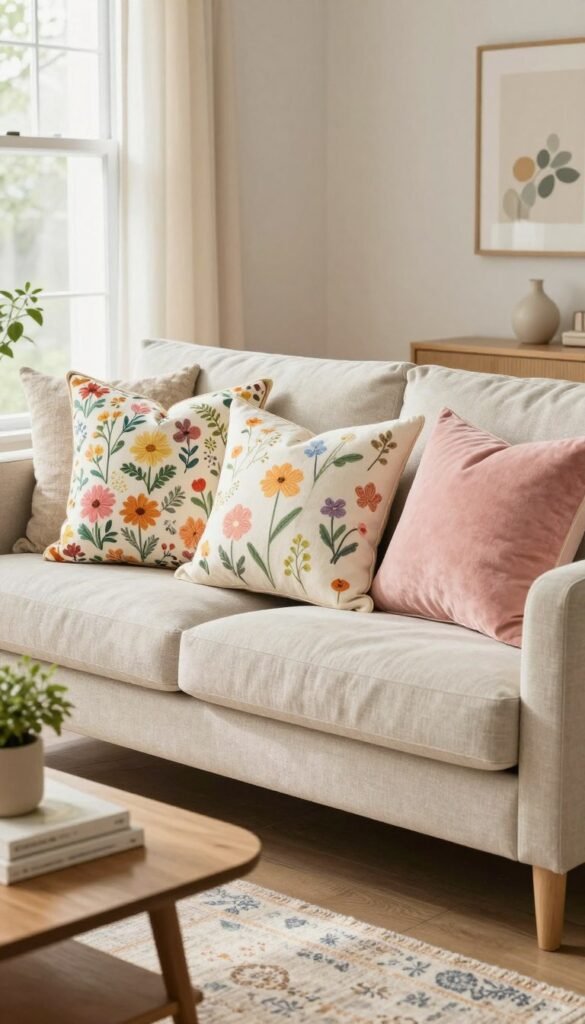 A cozy living room scene showcasing an array of spring-themed throw pillows arranged elegantly on a soft, neutral-toned sofa. The pillows feature vibrant floral patterns, pastel colors, and various textures like linen and velvet, adding a fresh and inviting touch to the space. In the foreground, a small patterned area rug complements the decor, while a light wooden coffee table holds a few decorative books and a small potted plant. Natural light flows through a nearby window, casting a warm, inviting glow across the room. In the background, light curtains flutter gently, enhancing the airy spring atmosphere. This image reflects a chic, Pinterest-style lifestyle, branded "CozyTrendHub", emphasizing renter-friendly decor that breathes new life into any space. A cozy living room scene showcasing an array of spring-themed throw pillows arranged elegantly on a soft, neutral-toned sofa. The pillows feature vibrant floral patterns, pastel colors, and various textures like linen and velvet, adding a fresh and inviting touch to the space. In the foreground, a small patterned area rug complements the decor, while a light wooden coffee table holds a few decorative books and a small potted plant. Natural light flows through a nearby window, casting a warm, inviting glow across the room. In the background, light curtains flutter gently, enhancing the airy spring atmosphere. This image reflects a chic, Pinterest-style lifestyle, branded "CozyTrendHub", emphasizing renter-friendly decor that breathes new life into any space.