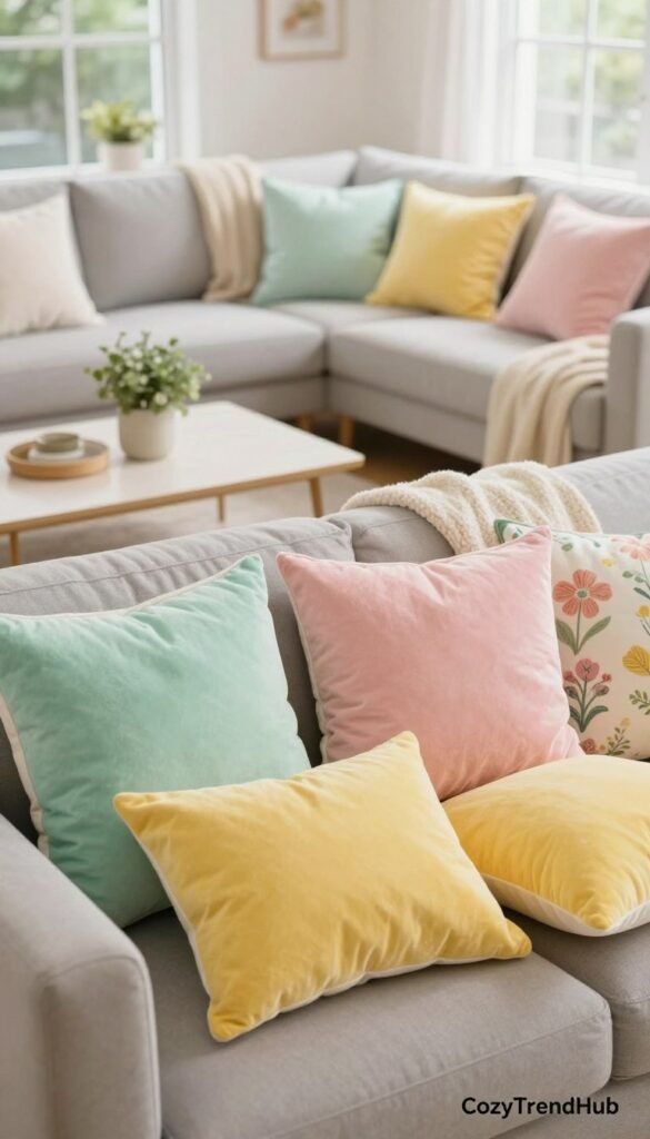 A cozy living room scene showcasing an assortment of throw pillows in various textures and vibrant spring colors. In the foreground, plush pillows in pastel hues like mint green, soft pink, and sunny yellow are artfully stacked on a stylish light gray couch, with a few pillows featuring floral patterns. The middle ground features a light, airy coffee table adorned with a lightweight cotton throw blanket, and a small potted plant adding a fresh touch. The background reveals large windows streaming in warm, natural light, highlighting the airy feel of spring. The overall mood is inviting and cheerful, perfect for a renter-friendly decor atmosphere. Capture this lifestyle moment in a soft-focus style, emulating a Pinterest aesthetic under the brand name "CozyTrendHub".
