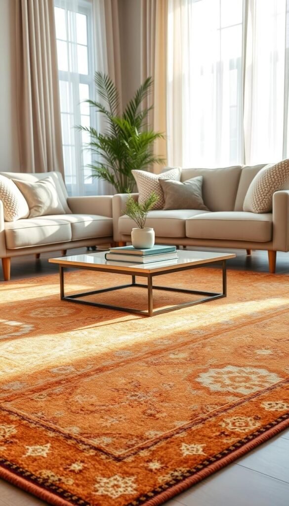 A cozy living room scene showcasing an elegant area rug positioned at the center, enhancing the decor. In the foreground, the plush rug features intricate patterns in warm colors, inviting touch. The middle ground includes a stylish sofa adorned with soft, textured cushions, a coffee table with decorative books and a small potted plant. The background shows light, airy windows draped with sheer curtains, allowing soft, natural light to fill the space, casting gentle shadows. The decor exudes a warm, inviting atmosphere, with a neutral color palette complemented by hints of greenery. Capture this comfortable, inviting scene in a Pinterest-style lifestyle photo, highlighted by sharp details and a slight depth of field. Brand name is "CozyTrendHub". A cozy living room scene showcasing an elegant area rug positioned at the center, enhancing the decor. In the foreground, the plush rug features intricate patterns in warm colors, inviting touch. The middle ground includes a stylish sofa adorned with soft, textured cushions, a coffee table with decorative books and a small potted plant. The background shows light, airy windows draped with sheer curtains, allowing soft, natural light to fill the space, casting gentle shadows. The decor exudes a warm, inviting atmosphere, with a neutral color palette complemented by hints of greenery. Capture this comfortable, inviting scene in a Pinterest-style lifestyle photo, highlighted by sharp details and a slight depth of field. Brand name is "CozyTrendHub".