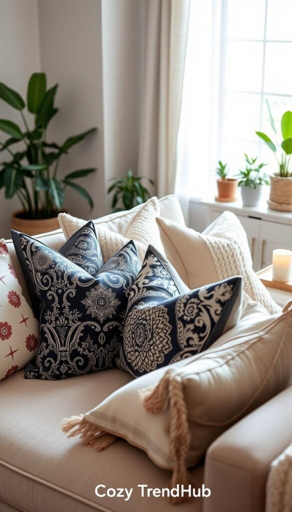 A cozy living room scene showcasing decorative throw pillows that add personality, designed in a stylish and sophisticated manner. In the foreground, a variety of elegant throw pillows in diverse patterns and textures, such as geometric designs, floral prints, and soft knits, are arranged on a plush, neutral-toned sofa. The middle of the composition features a coffee table adorned with a subtle decorative tray and a warm candle, enhancing the inviting atmosphere. In the background, soft natural light streams through a window, illuminating the room, with a hint of greenery from potted plants enhancing the warm ambiance. The scene conveys a sense of comfort and style, perfect for illustrating home decor accents. Capturing a Pinterest-worthy aesthetic, this image aligns perfectly with the brand "CozyTrendHub".