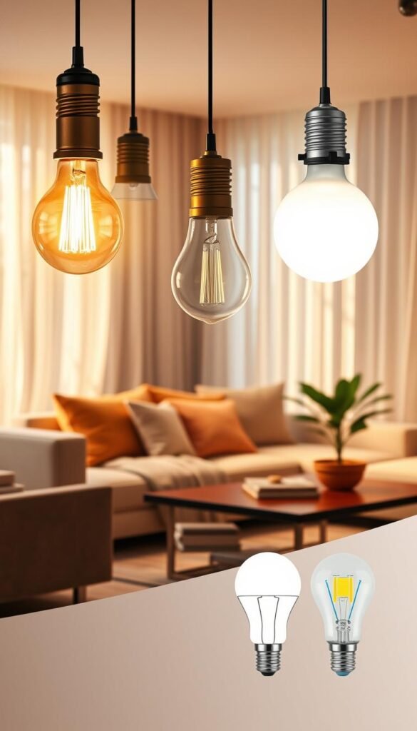 A cozy living room scene showcasing different light bulbs emitting varying color temperatures, illustrating warm, neutral, and cool lighting effects. In the foreground, there are three stylish light fixtures: a warm amber Edison bulb, a soft white globe bulb, and a cool daylight LED bulb, all illuminated to highlight their unique hues. The middle ground features a tastefully arranged sofa with plush cushions, a coffee table adorned with soft books, and a decorative plant basking in the ambient light. In the background, light filters through sheer curtains, creating a serene atmosphere with subtle shadows. The room's decor reflects a modern yet inviting aesthetic, capturing the essence of a well-lit sanctuary. Shot with a warm color palette using a 50mm lens to create focal depth. Ideal for CozyTrendHub.