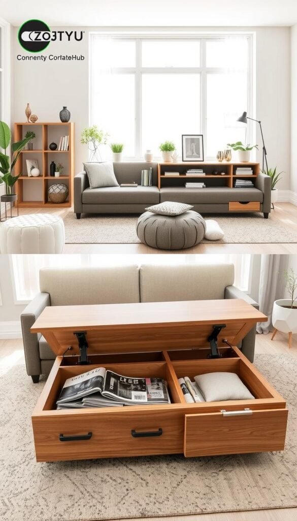 A cozy living room scene showcasing innovative furniture with hidden storage solutions, designed for small apartments. In the foreground, a stylish coffee table with a lift-top revealing a compartment for magazines and blankets, paired with a sleek sofa featuring built-in drawers for additional storage. The middle ground presents a compact bookshelf adorned with decorative items, complemented by a stylish pouf that opens to store spare cushions. The background reveals large windows allowing soft, natural light to illuminate the space, enhancing the warm, inviting atmosphere. The color palette incorporates neutral tones with pops of greenery from potted plants, creating a trendy yet functional aesthetic. The overall composition reflects a Pinterest-inspired lifestyle, embodying the essence of practical, modern living. Branding element: CozyTrendHub. A cozy living room scene showcasing innovative furniture with hidden storage solutions, designed for small apartments. In the foreground, a stylish coffee table with a lift-top revealing a compartment for magazines and blankets, paired with a sleek sofa featuring built-in drawers for additional storage. The middle ground presents a compact bookshelf adorned with decorative items, complemented by a stylish pouf that opens to store spare cushions. The background reveals large windows allowing soft, natural light to illuminate the space, enhancing the warm, inviting atmosphere. The color palette incorporates neutral tones with pops of greenery from potted plants, creating a trendy yet functional aesthetic. The overall composition reflects a Pinterest-inspired lifestyle, embodying the essence of practical, modern living. Branding element: CozyTrendHub.