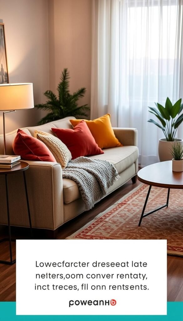 A cozy living room scene showcasing stylish home decor, featuring an inviting sofa adorned with colorful, removable covers made from performance fabrics. In the foreground, the sofa has a mix of textured throw pillows and a plush blanket, while a stylish side table holds a minimalistic lamp and a few decorative items. The middle ground features a tasteful rug and a potted plant, adding warmth. In the background, soft evening light filters through sheer curtains, casting a gentle glow and enhancing the relaxed atmosphere. The space should embody the essence of practicality and style, perfect for renters, with an overall feel that resonates with the brand "CozyTrendHub".